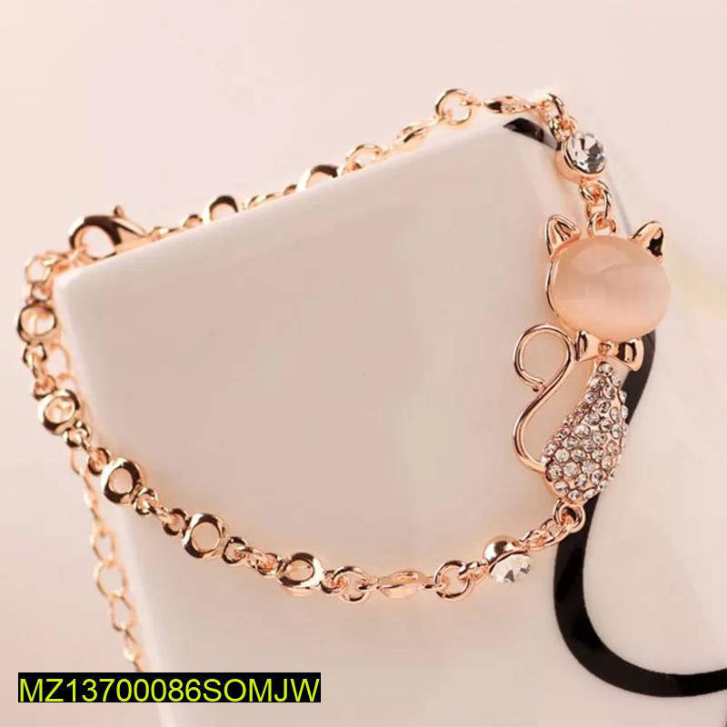 Rose Gold Cat Charm Bracelet Adjustable with Crystals