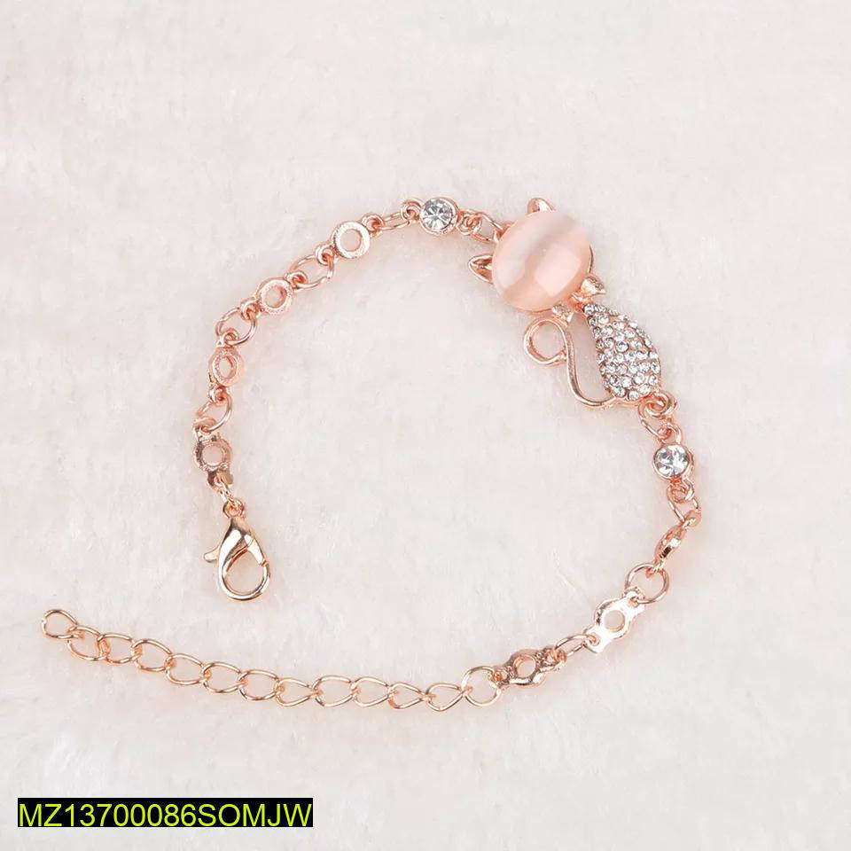 Rose Gold Cat Charm Bracelet Adjustable with Crystals