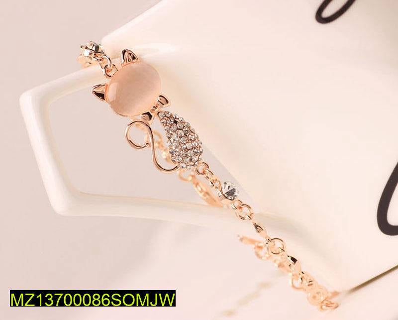 Rose Gold Cat Charm Bracelet Adjustable with Crystals