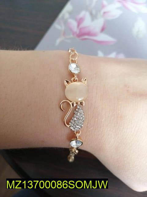 Rose Gold Cat Charm Bracelet Adjustable with Crystals