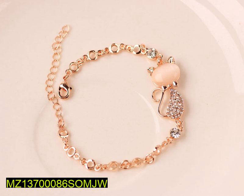 Rose Gold Cat Charm Bracelet Adjustable with Crystals