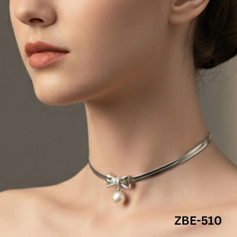 Stainless Steel Pearl Choker Necklace for Women Silver