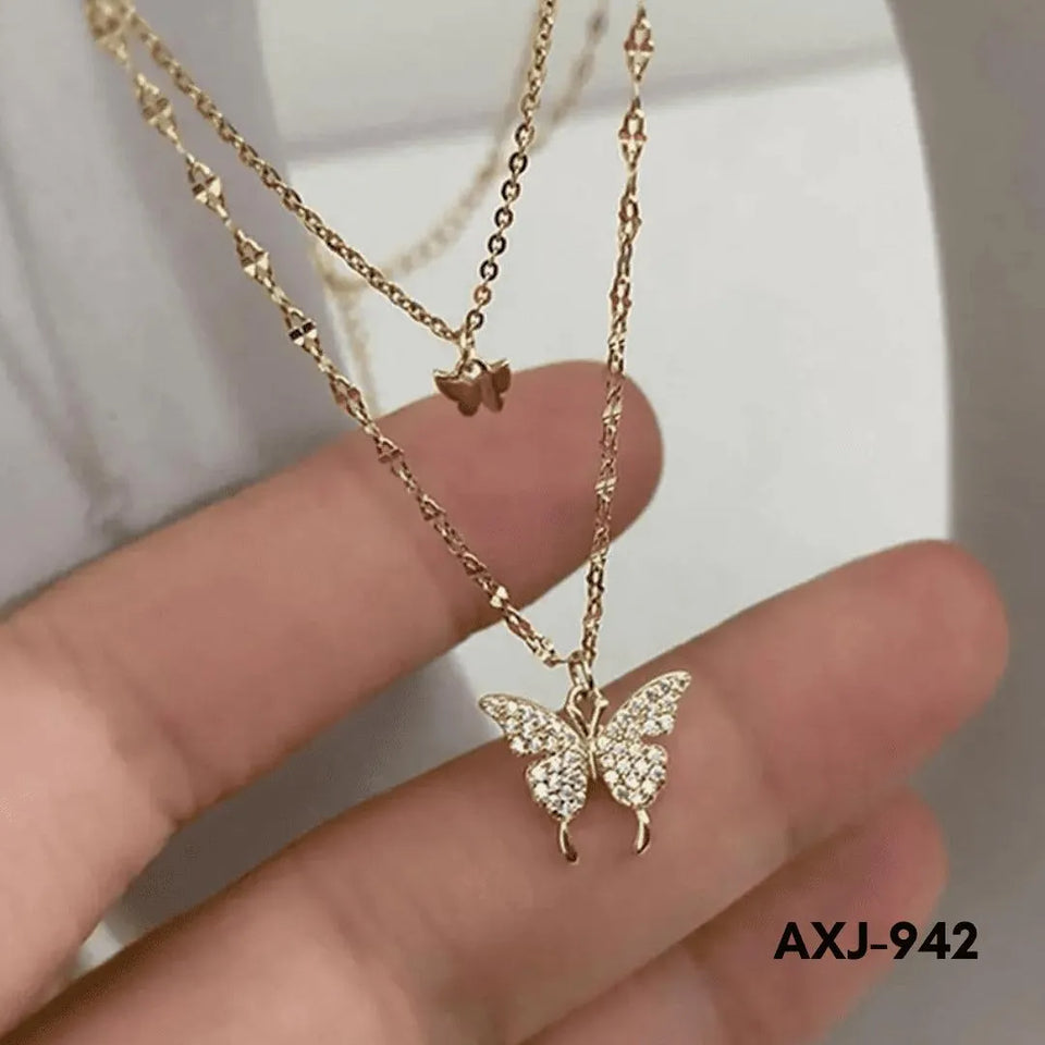 Double Butterfly Korean Trending Zircon Necklace (AXJ-942)