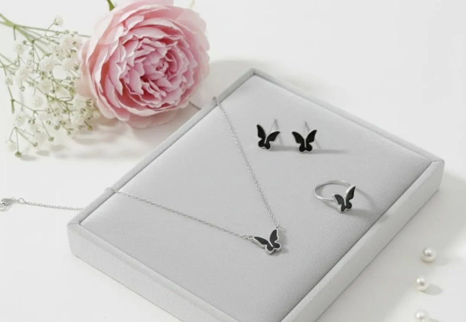 Butterfly Necklace Set 4Pcs Alloy White Gold