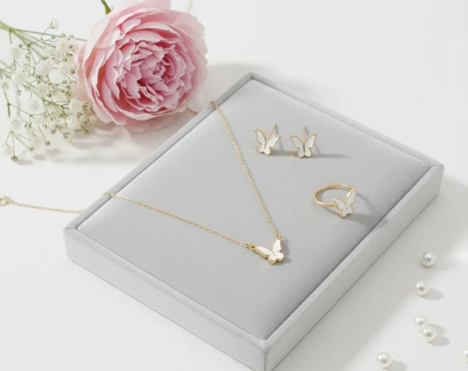 Butterfly Necklace Set 4Pcs Alloy White Gold