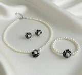 Elegant Black White Flower Necklace Set 4 Pcs Alloy