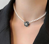 Elegant Black White Flower Necklace Set 4 Pcs Alloy