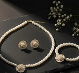 Elegant Black White Flower Necklace Set 4 Pcs Alloy