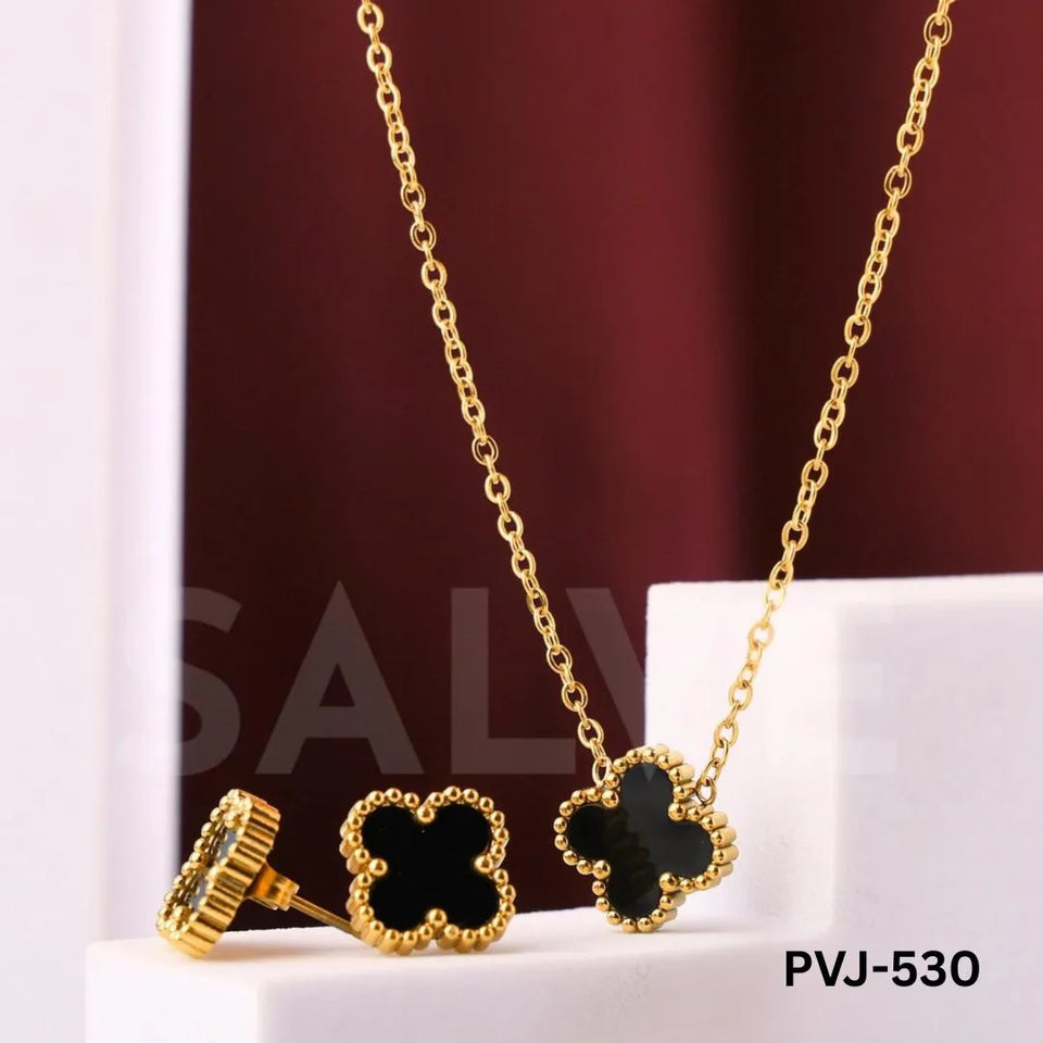 Black Four Leaf Pendant Earring Set for Women