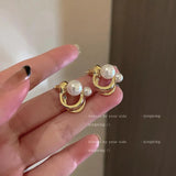 Pearl Hoop Earrings Gold Silver 2 Pcs Alloy