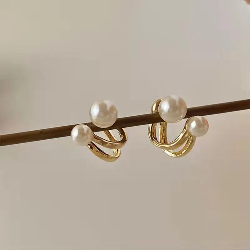 Pearl Hoop Earrings Gold Silver 2 Pcs Alloy