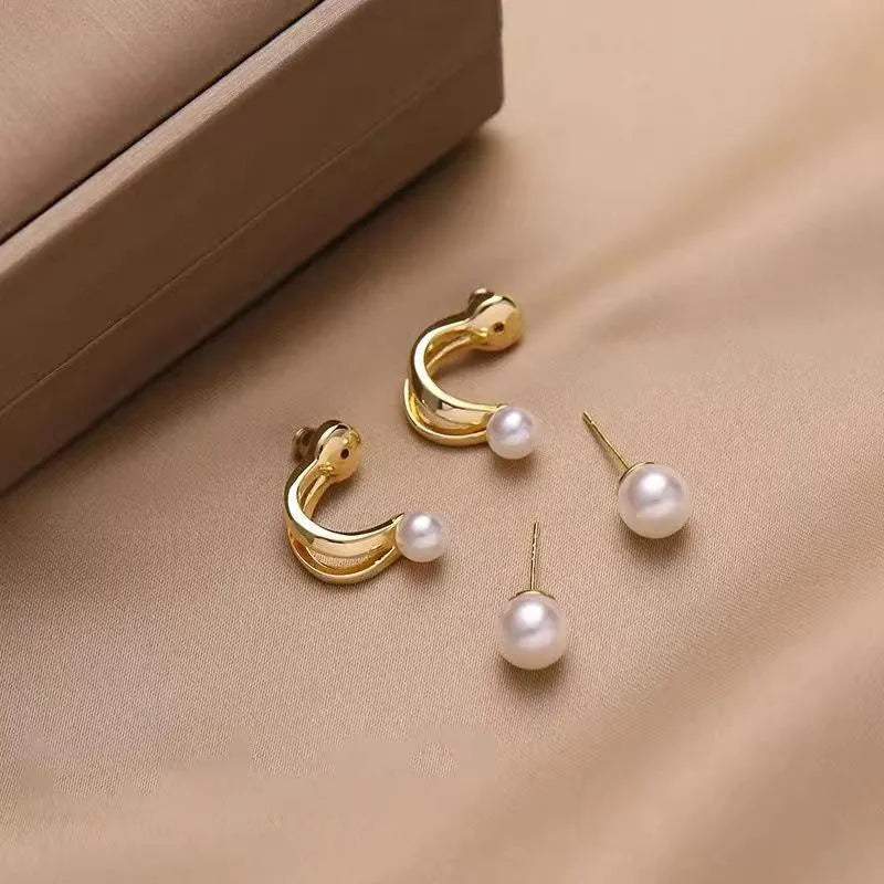 Pearl Hoop Earrings Gold Silver 2 Pcs Alloy