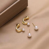 Pearl Hoop Earrings Gold Silver 2 Pcs Alloy