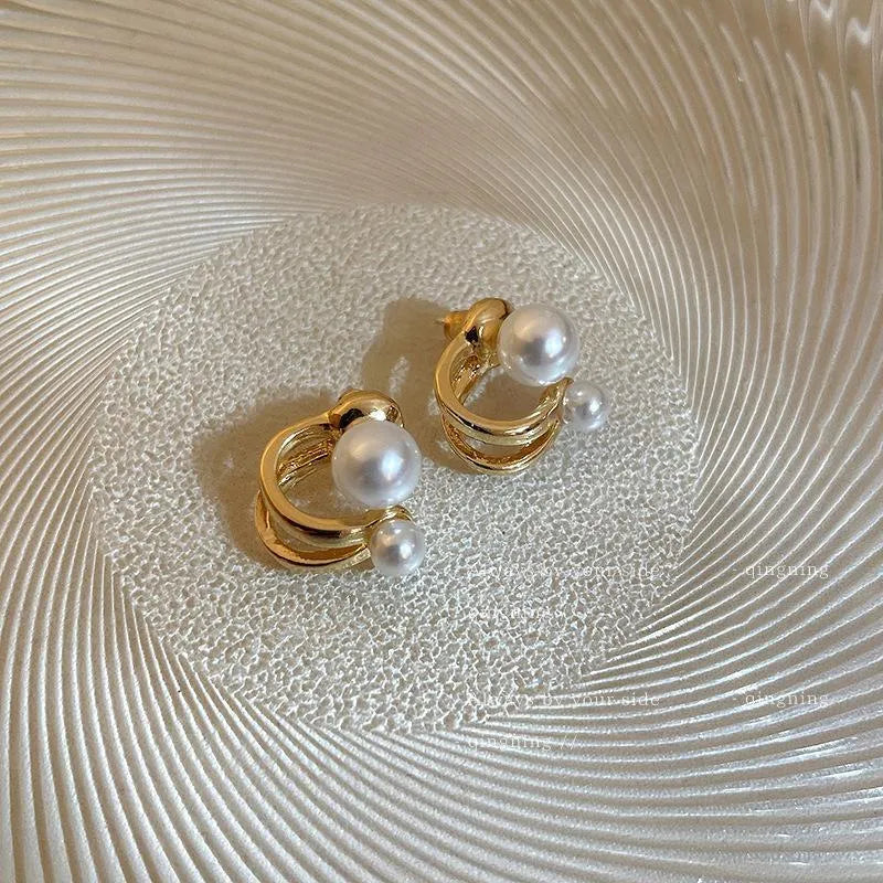 Pearl Hoop Earrings Gold Silver 2 Pcs Alloy