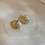 Pearl Hoop Earrings Gold Silver 2 Pcs Alloy