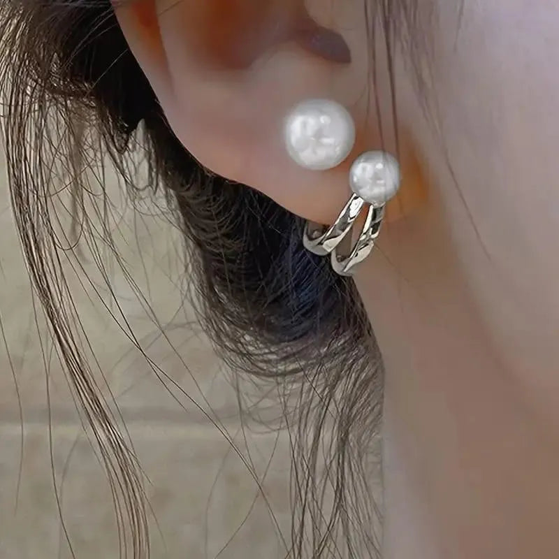 Pearl Hoop Earrings Gold Silver 2 Pcs Alloy