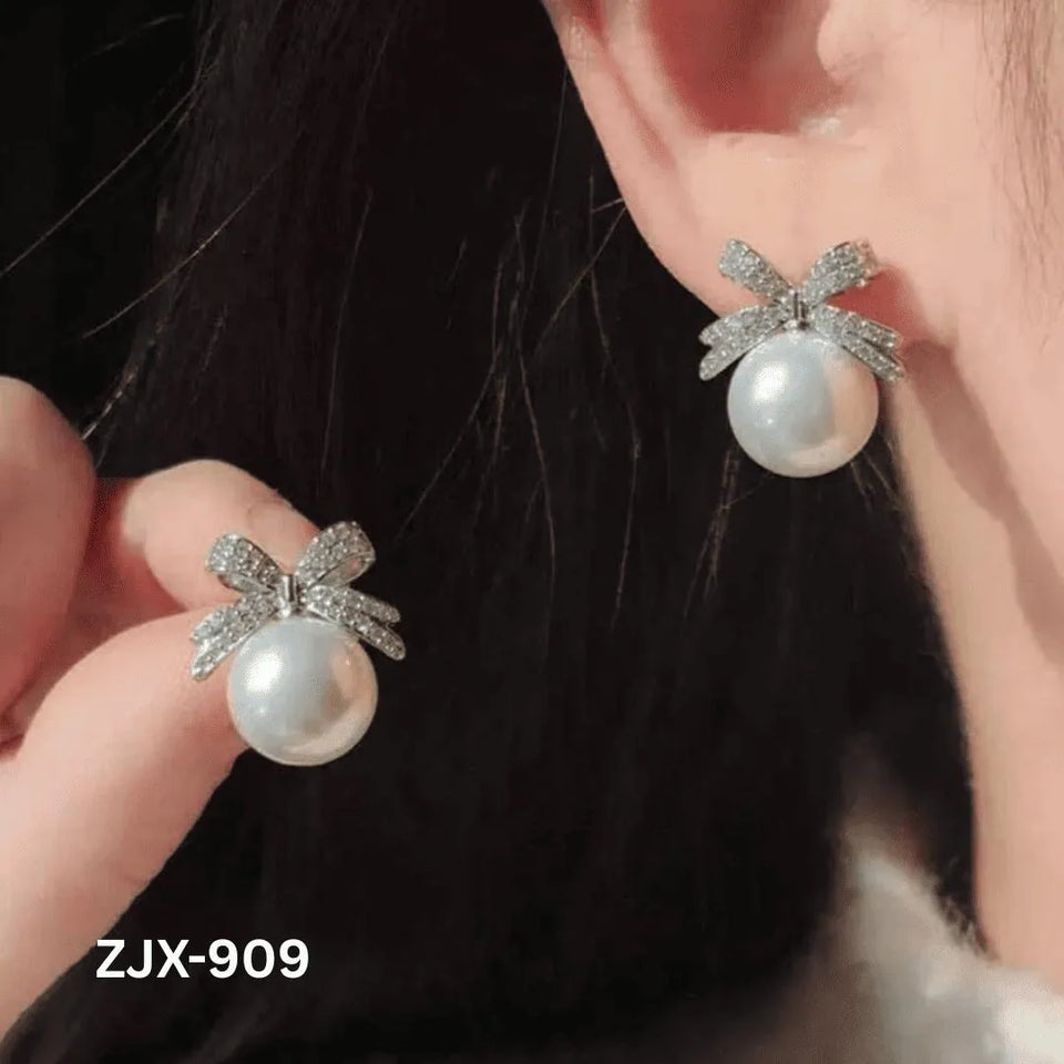 Stainless Steel Pearl Bow Stud Earrings 2 Pcs Golden Silver