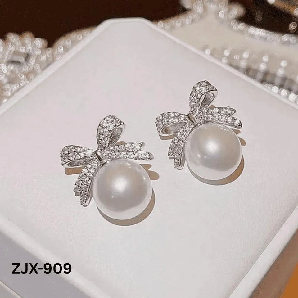 Stainless Steel Pearl Bow Stud Earrings 2 Pcs Golden Silver