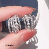 Elegant Korean Style Pearl Crystal Earrings Silver Alloy 2 Pcs