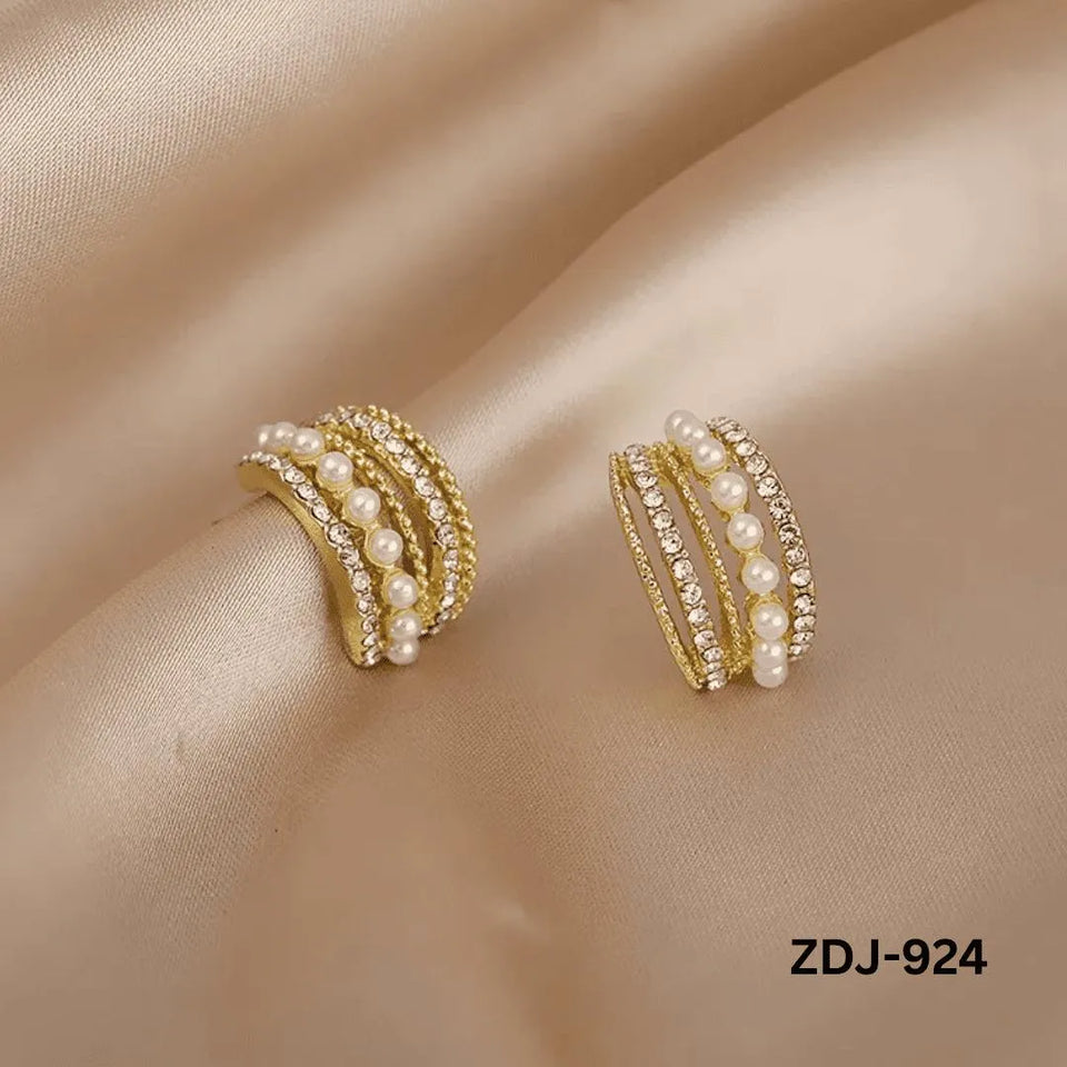 Elegant Korean Style Pearl Crystal Earrings Silver Alloy 2 Pcs