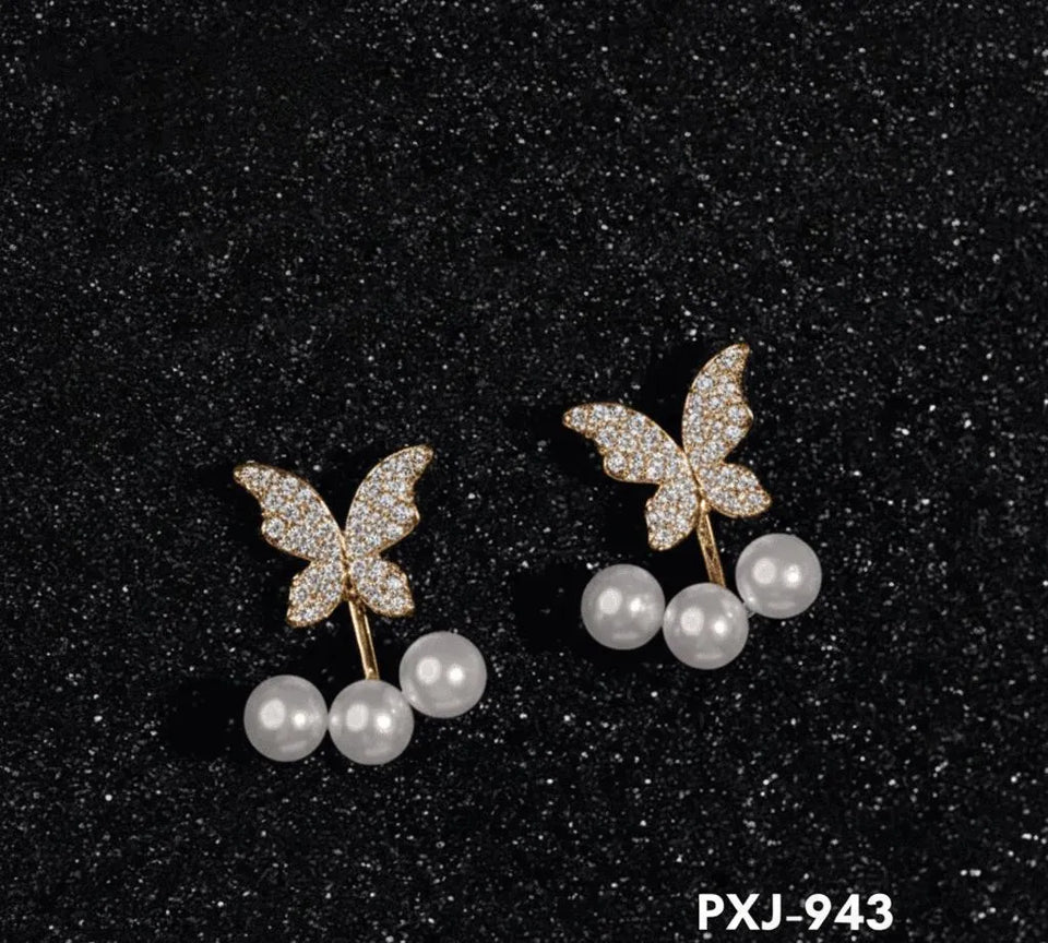 Butterfly Pearl Zircon Earrings Gold Silver Women 2Pcs