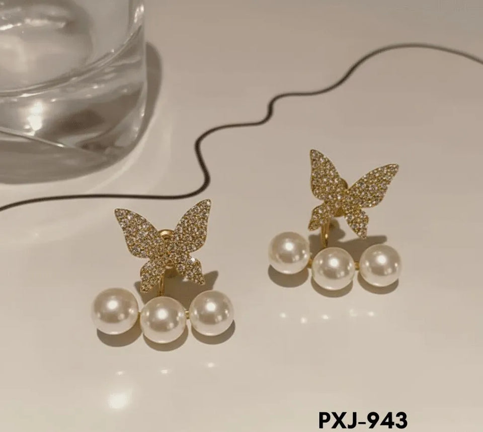 Butterfly Pearl Zircon Earrings Gold Silver Women 2Pcs