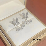 Butterfly Pearl Zircon Earrings Gold Silver Women 2Pcs