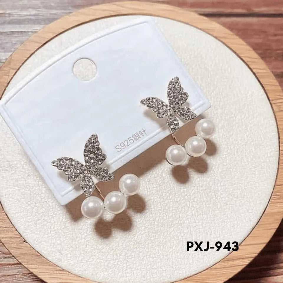 Butterfly Pearl Zircon Earrings Gold Silver Women 2Pcs
