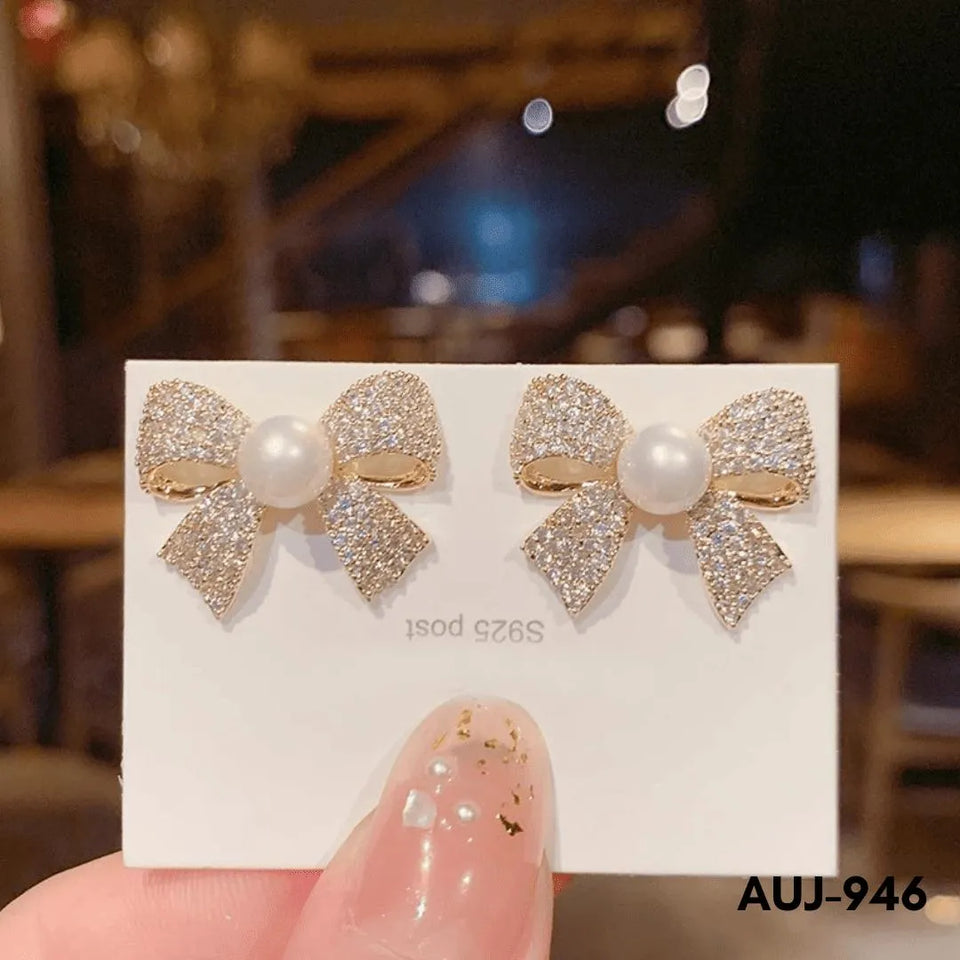 Golden Bow Zircon Earrings for Women Daily Wear