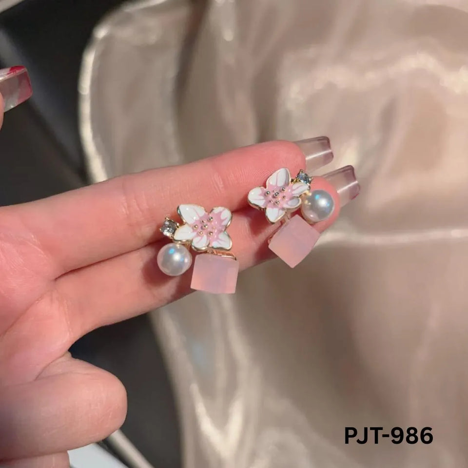 Women Floral Crystal Earrings Pink Blue Silver 2Pcs