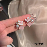 Women Floral Crystal Earrings Pink Blue Silver 2Pcs
