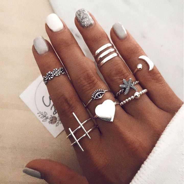 Silver Bohemian Adjustable Rings Set for Women 10 Pcs