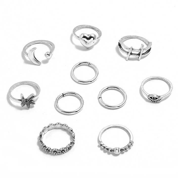 Silver Bohemian Adjustable Rings Set for Women 10 Pcs