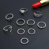 Silver Bohemian Adjustable Rings Set for Women 10 Pcs
