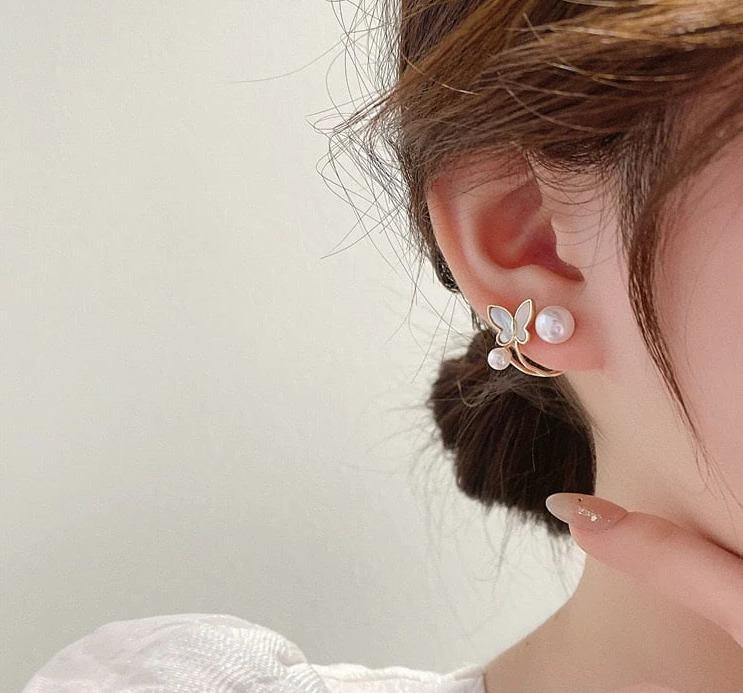 Butterfly Earrings Pearl Accent Golden Plated