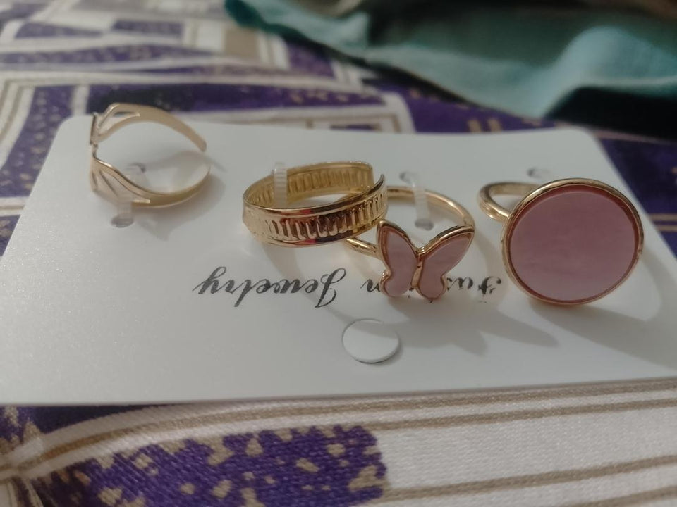 Women Antique Plated Stone Rings Set 4Pcs Elegant Daily Wear