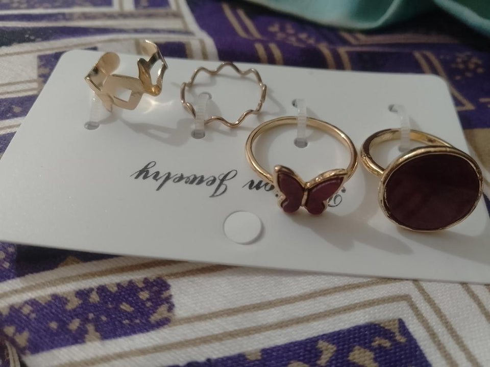 Women Antique Plated Stone Rings Set 4Pcs Elegant Daily Wear