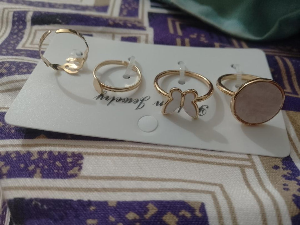 Women Antique Plated Stone Rings Set 4Pcs Elegant Daily Wear