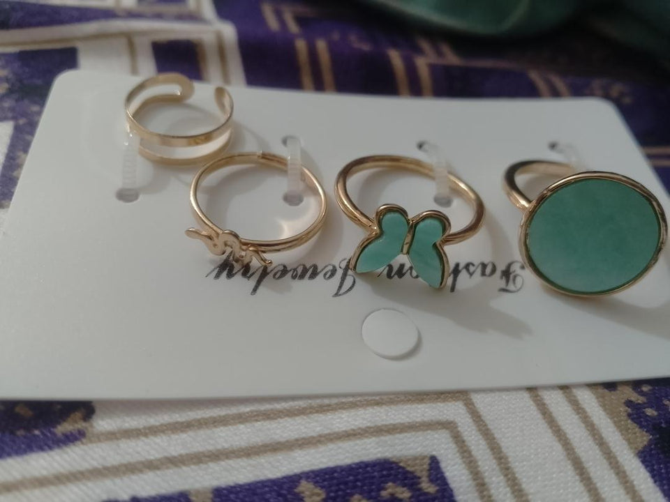 Women Antique Plated Stone Rings Set 4Pcs Elegant Daily Wear