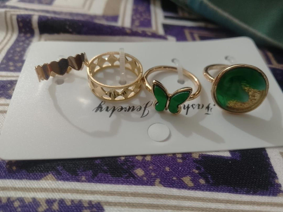 Women Antique Plated Stone Rings Set 4Pcs Elegant Daily Wear