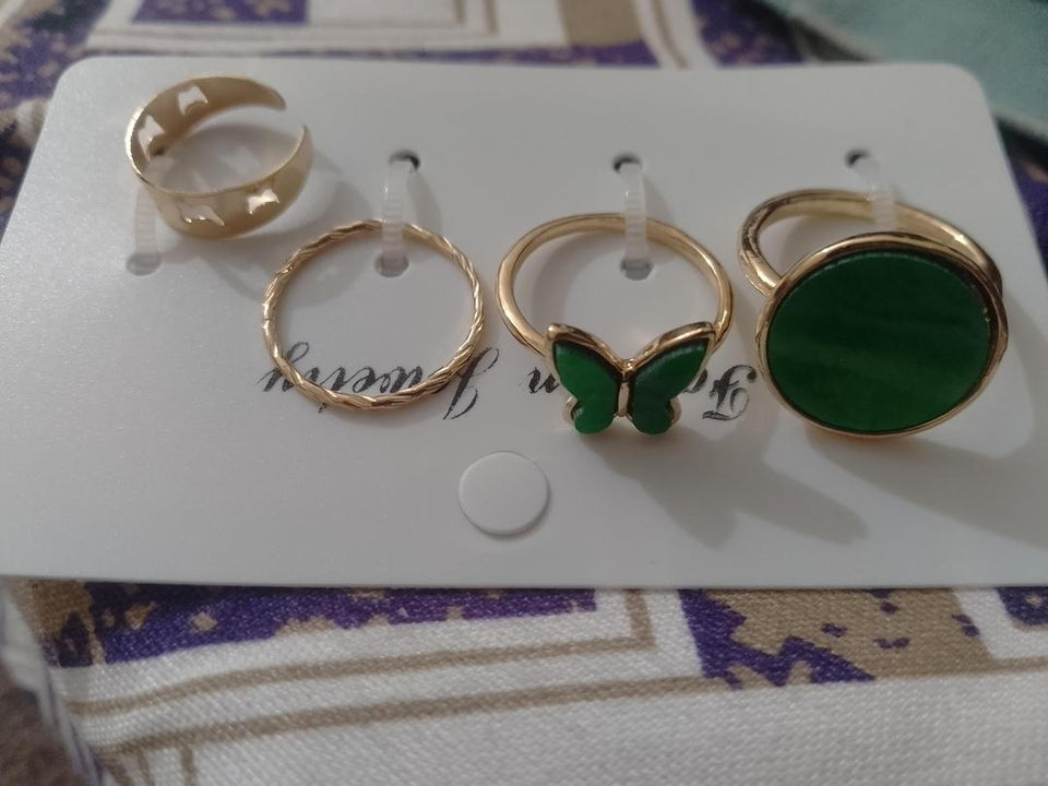 Women Antique Plated Stone Rings Set 4Pcs Elegant Daily Wear