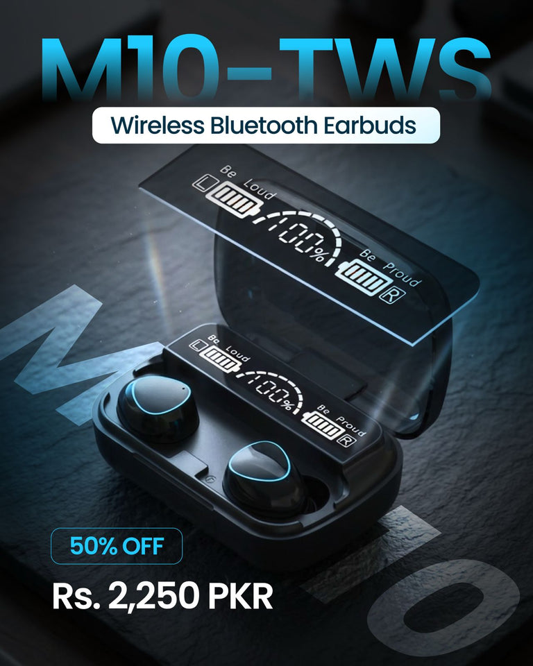 M10-TWS Wireless Bluetooth Earbuds with Charging Case, Black, Durable (Free Home Delivery)